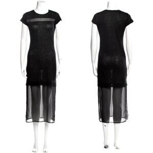 Sandro Paris Black Linen Chiffon Mesh Paneled Midi Dress Size S